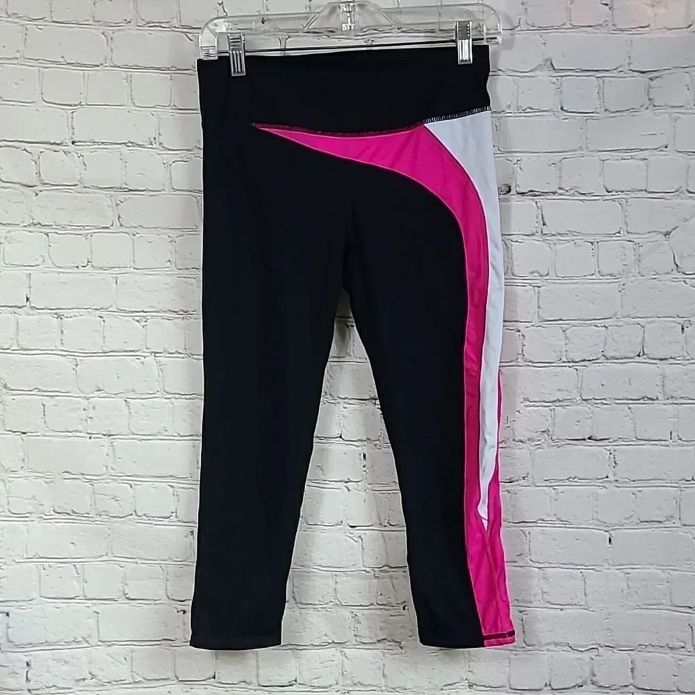 Fabletics PowerHold Capri Leggings S Black Pink Colorblock Pocket Compression